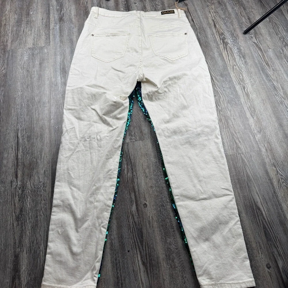 NEW QUUM Shop Women's 2XL White Stretch Sequin Jeans Destressed Blue Green - Picture 5 of 7